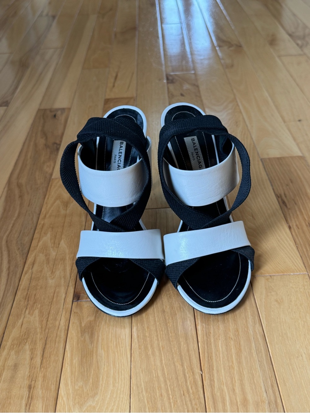 Balenciaga Black and White Crisscross Strap Heels
